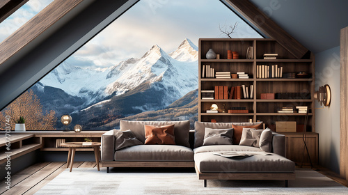 Sofa against gray wall with rustic shelves. Scandinavian home interior design of modern living room in the attic of a mountain villa in the Alps. © Katerina Bond