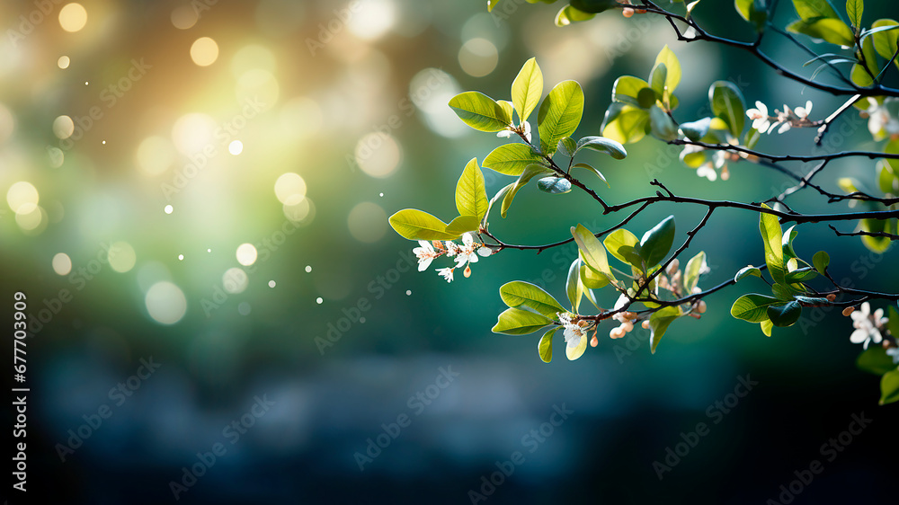 Obraz premium Spring or summer defocused background frame with lush foliage and bokeh in nature. Nature background. Copy space.