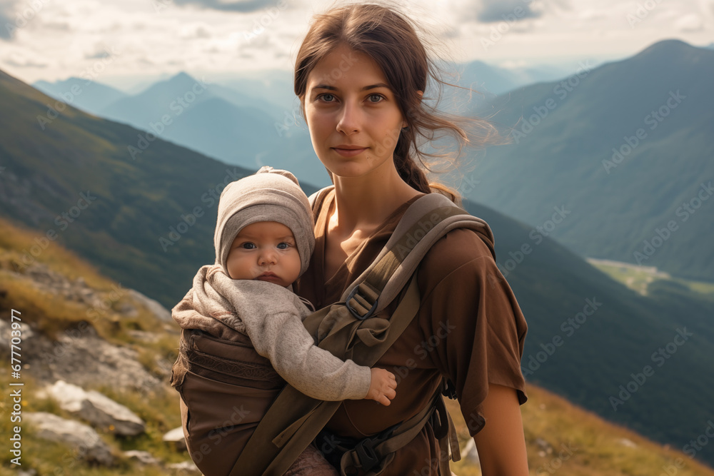 a girl with a newborn baby in a sling walks in the mountains