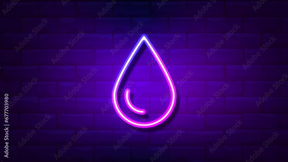 water drop neon sign animation..Brick Wall Background.4K motion