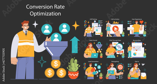 Conversion Rate Optimization set. Experts analyzing website performance. A B testing, sales funnel, lead generation. User engagement strategies. Flat vector illustration
