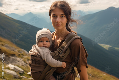 a girl with a newborn baby in a sling walks in the mountains