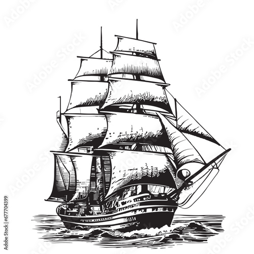 Vintage old pirate ship sketch hand drawn in engraving style illustration