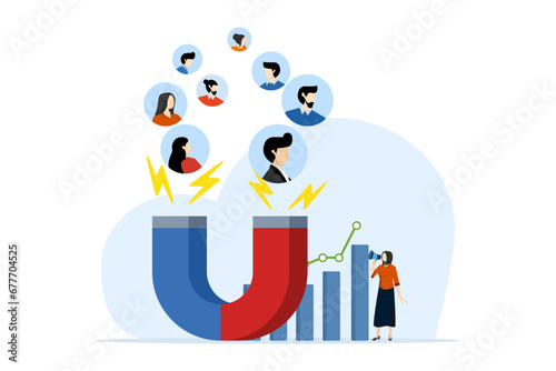 Business strategy and customer attraction concept. success in building an entrepreneurial team. customer attraction campaigns, accurate promos, advertising. sales generation. flat vector illustration.