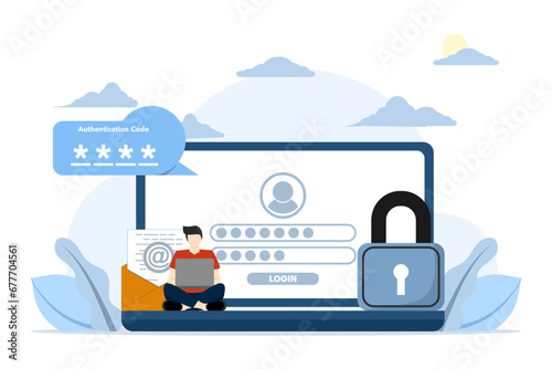 Two step verification concept, OTP, authentication password, one time password for secure website account login, login page on laptop screen. flat vector illustration on white background.