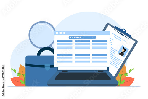 Online job search concept, career opportunities, job search, recruitment, human resources, job interview, online job advertisement, vacancy, search, recruitment concept, vector flat illustration.