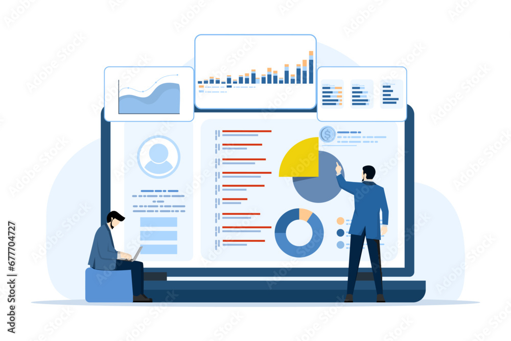 Concept of data charts, graphs and dashboards on laptop screen, SEO marketing advertising analysis, marketing analysis, market research, business analysis, financial reports and research. - obrazy, fototapety, plakaty 