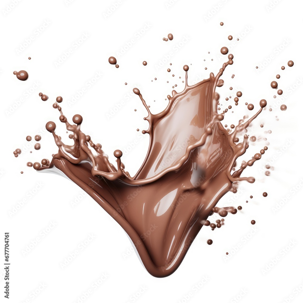 Fototapeta premium chocolate splash isolated on white, milk chocolate splash isolated on a white background, milk chocolate splash, chocolate splash, chocolate explosion, splash of chocolate, splash, easy to cut out