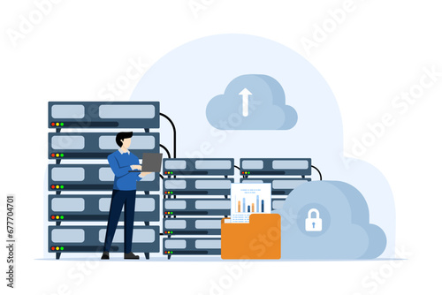 concept of cloud computing, data center, file management, cloud storage, web hosting service. Database for documents and files. Upload and download data, file management. Data transfer, backup.