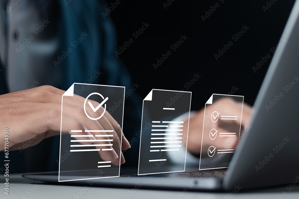 Businessman use laptop with approve document on virtual screen for business process workflow illustrating management approval and and project approve concept. - obrazy, fototapety, plakaty 