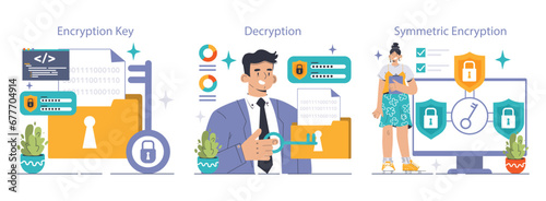 Data encryption set. Personal information, internet access or database protection. Cyber security and privacy. Flat vector illustration