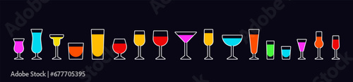 Set of icons on bar, restaurant themes. Glasses and shots with different alcohol. Decor elements.