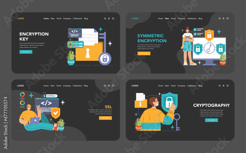 Data encryption web or landing set. Personal information, internet access or database protection. Cyber security and privacy. Flat vector illustration