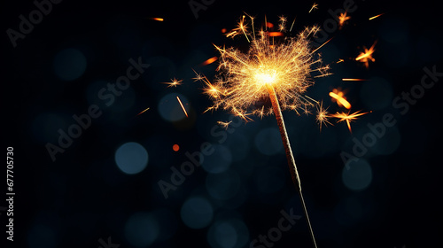 Burning sparkler on dark background with bokeh effect