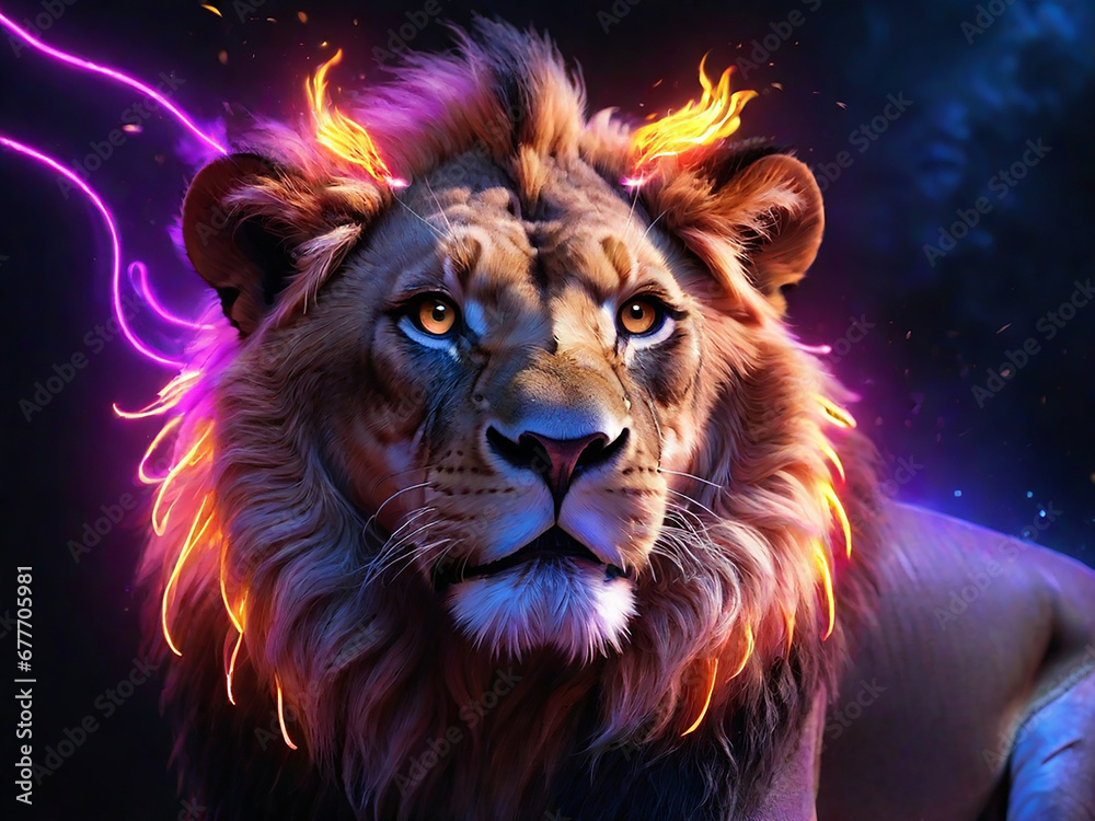 Fototapeta premium a lion with wing fire and neon light background. Generative AI