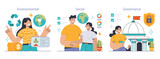 ESG principles set. Individuals advocating for environmental recycling, social harmony, and secure governance. Sustainable values, community unity, institution safety. Flat vector illustration