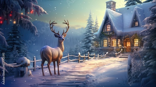  a painting of a deer standing in front of a house with a christmas tree in the foreground and a snow covered path leading up to the front of the house.  generative ai © Nadia