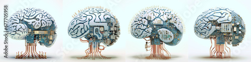 Set of Human Brain with an Implant Circuit Board Processor Embedded, Tech-Infused Brain