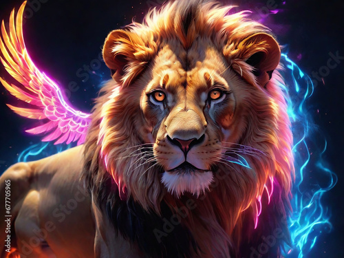  a lion with wing fire and neon light background.  Generative AI
