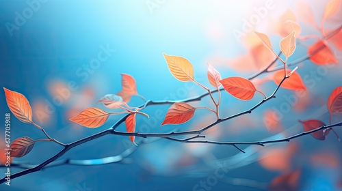  a branch with orange leaves on it with a blue sky in the background with a blurry image of a branch with orange leaves on it with a blue sky background.  generative ai