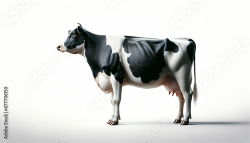 Black and white cow on a white background. Side view photo