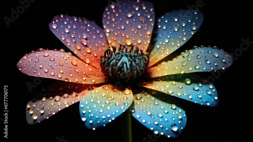  a close up of a flower with water droplets on it's petals and a black background with a blue center and a yellow center with a green center and yellow center. generative ai