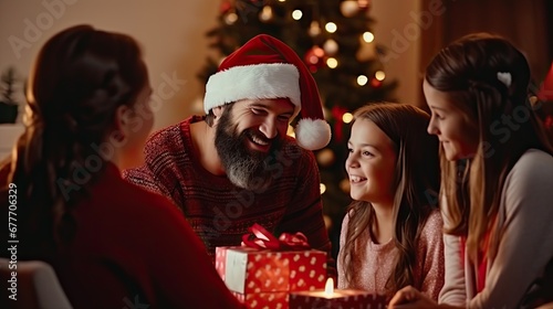  a man wearing a santa hat sitting next to two little girls and a man in a red sweater with a christmas present in front of him and a christmas tree.  generative ai