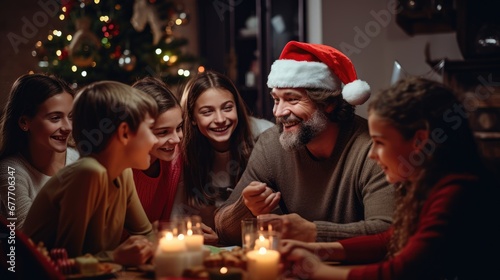  a group of children sitting around a table with a man in a santa hat on top of his head and a woman holding a lit candle in front of them. generative ai
