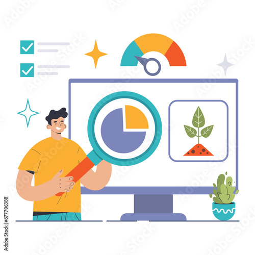 EMS concept. Expert analyzes environmental management system on a screen, showcasing sustainable metrics and growth. Monitoring eco practices, real-time data evaluation. Flat vector illustration