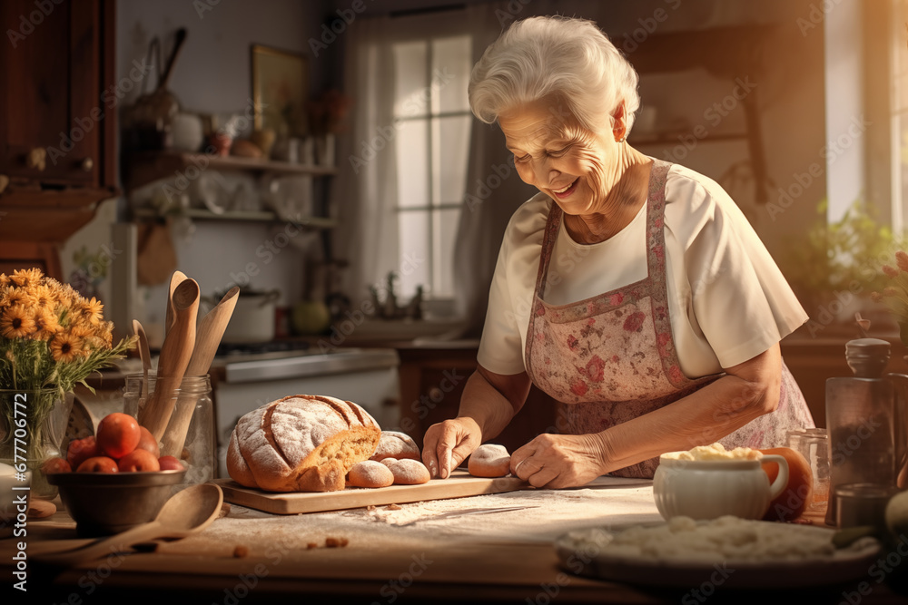 an elderly woman cooks bread
