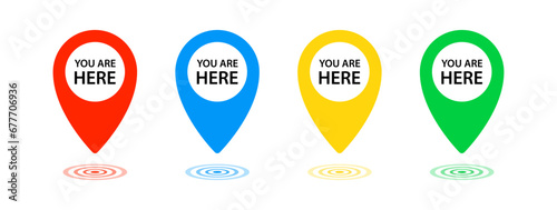 You are here icon. Map pin symbol. Place marker. Map pointer. Navigation position. Destination address. GPS tag. Flat color. Vector sign.