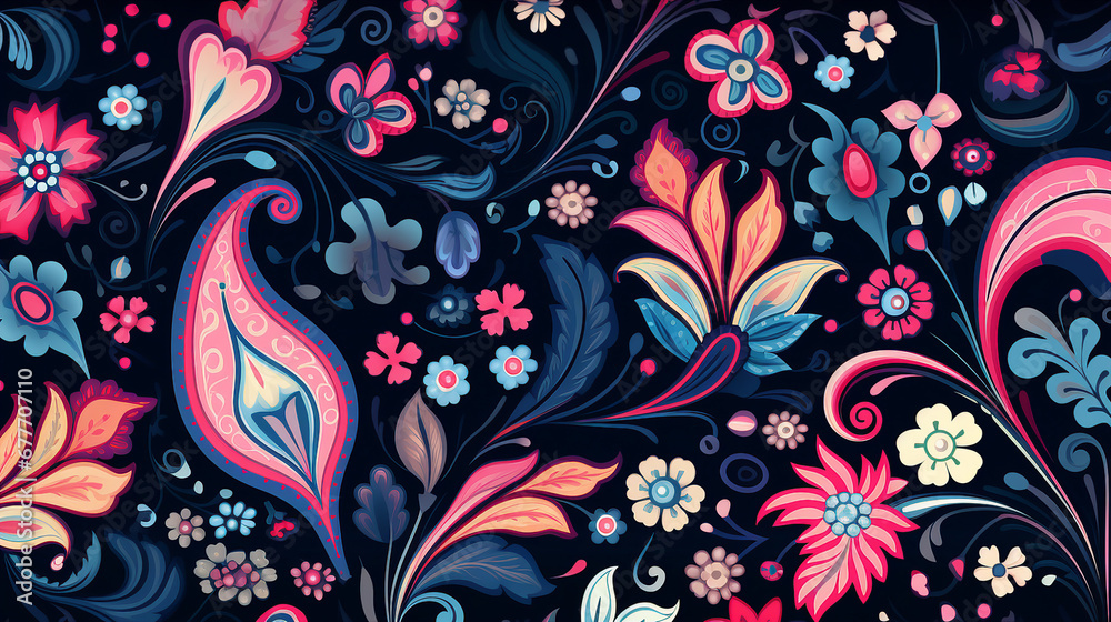Paisley Seamless Pattern on Navy Background - Vintage Textile Design