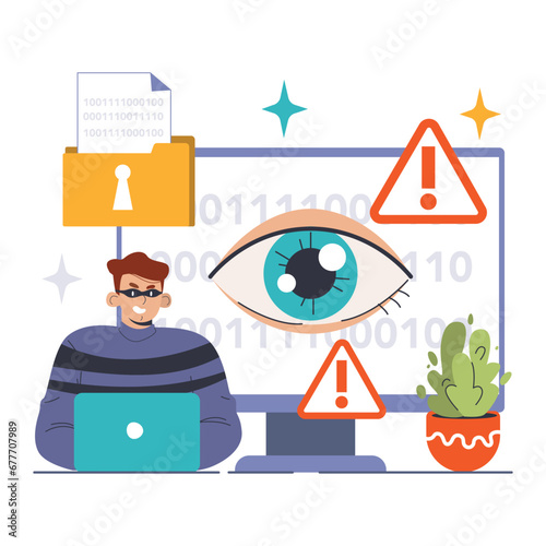 Spyware threat concept. Watchful eye monitors user data, emphasizing the risks of online surveillance and compromised privacy. Ensure digital safety. Flat vector illustration.