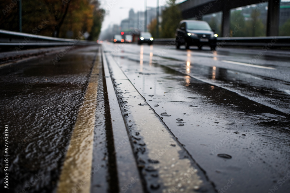 Wet road surface after rain fall in the street. Selective focus and shallow depth of field composition.