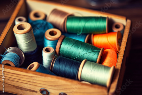 Colorful sewing thread in wooden box