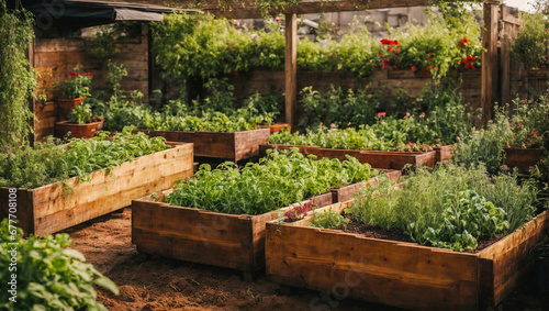 Wooden raided beds in an urban garden growing plants herbs spices vegetables and flowers. Sustainable living lifestyle