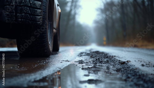 Close-up low angle shot of car tyre on a wet road in winter