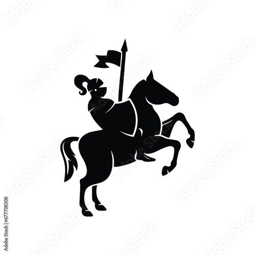 Black silhouette of a Knight riding a horse carrying a spear, and shield. Medieval armored warrior with symbol on horseback. Vector illustration