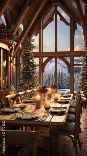  a dining room with a large table and a view of a snowy mountain outside of the window with candles on the table and a candle in the center of the table. generative ai