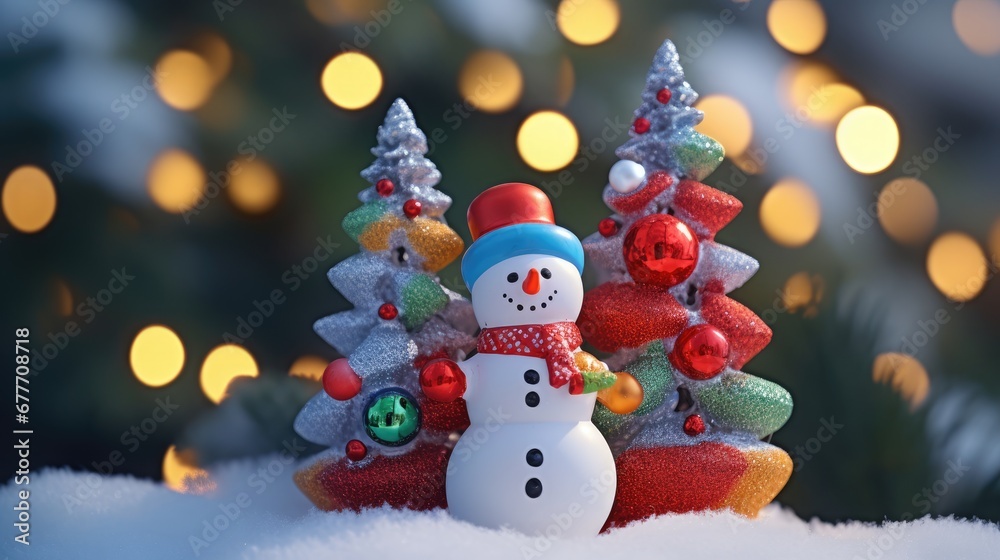a close up of a snowman in front of a christmas tree with a snowman figurine in the foreground and a christmas tree with lights in the background. generative ai a close up of a snowman in front of a christmas tree with a snowman figurine in the foreground and a christmas tree with lights in the background. generative ai