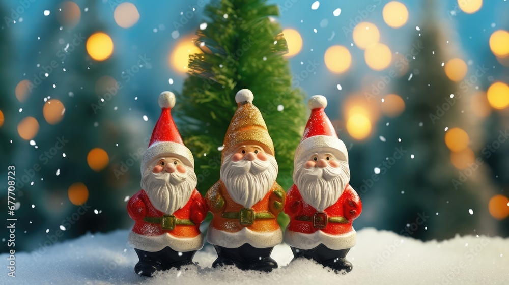  three christmas gnomes standing in the snow next to a small christmas tree with lights in the background and snow falling on the ground and trees in the foreground.  generative ai