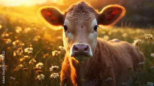  a close up of a cow in a field of grass and flowers with the sun in the background and a blurry image of the head of a cow in the foreground. generative ai