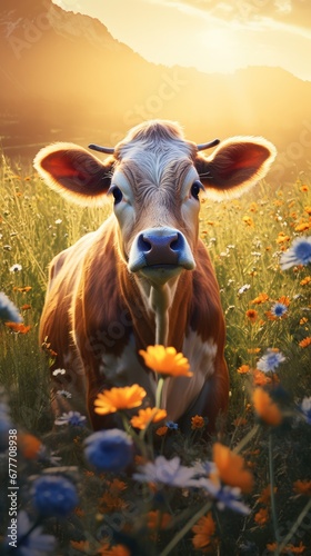  a brown and white cow sitting in a field of blue and yellow flowers with a mountain in the background with a sunbeam in the middle of the foreground. generative ai