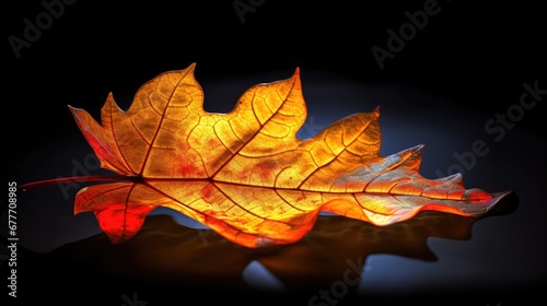  a close up of a yellow and red leaf on a black background with a shadow 