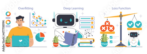 Machine Learning Explained set. Unraveling overfitting, deep dive into neural networks, and the balance of loss function. Charts, programmer, and cute robots guide the way. Flat vector illustration