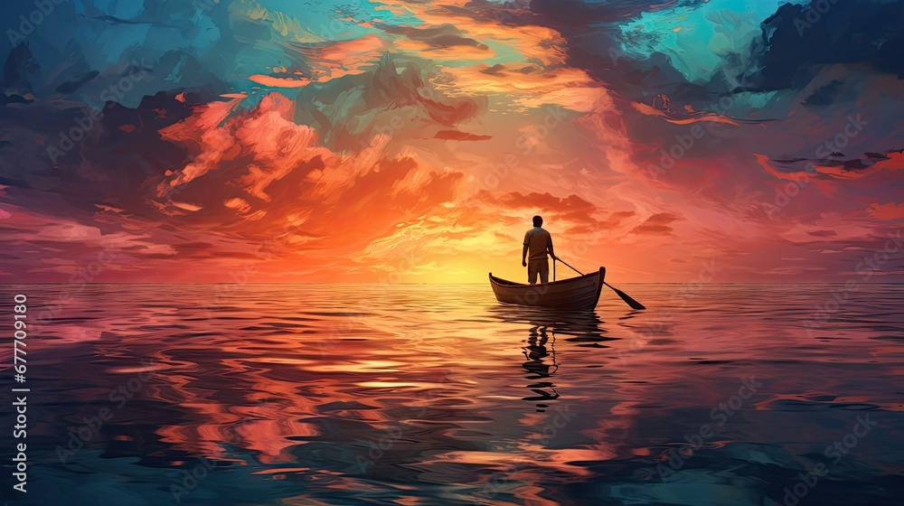 a painting of a man standing on a boat in the middle of a body of water as the sun sets behind a cloudy sky with a man standing on a boat in the water. generative ai a painting of a man standing on a boat in the middle of a body of water as the sun sets behind a cloudy sky with a man standing on a boat in the water. generative ai