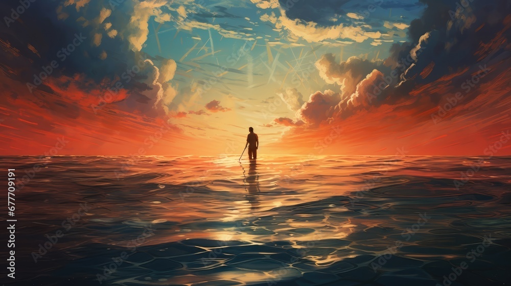  a painting of a man standing on the edge of a body of water as the sun sets in the sky over the horizon of a body of water with a person standing in the water.  generative ai