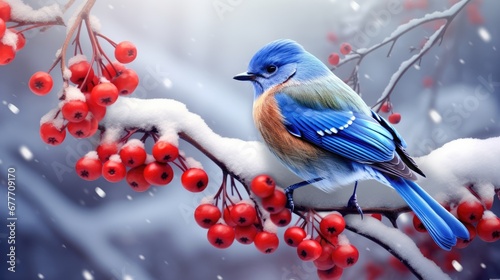  a blue bird sitting on top of a branch of a tree filled with red berries and a snow covered branch with snow falling on the branches and red berries in the foreground. generative ai