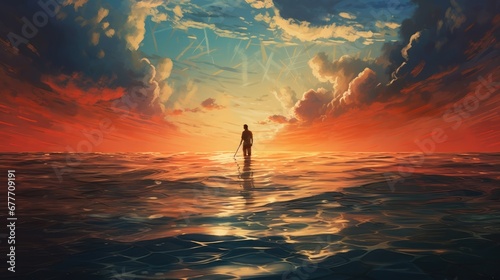  a painting of a man standing on the edge of a body of water as the sun sets in the sky over the horizon of a body of water with a person standing in the water. generative ai