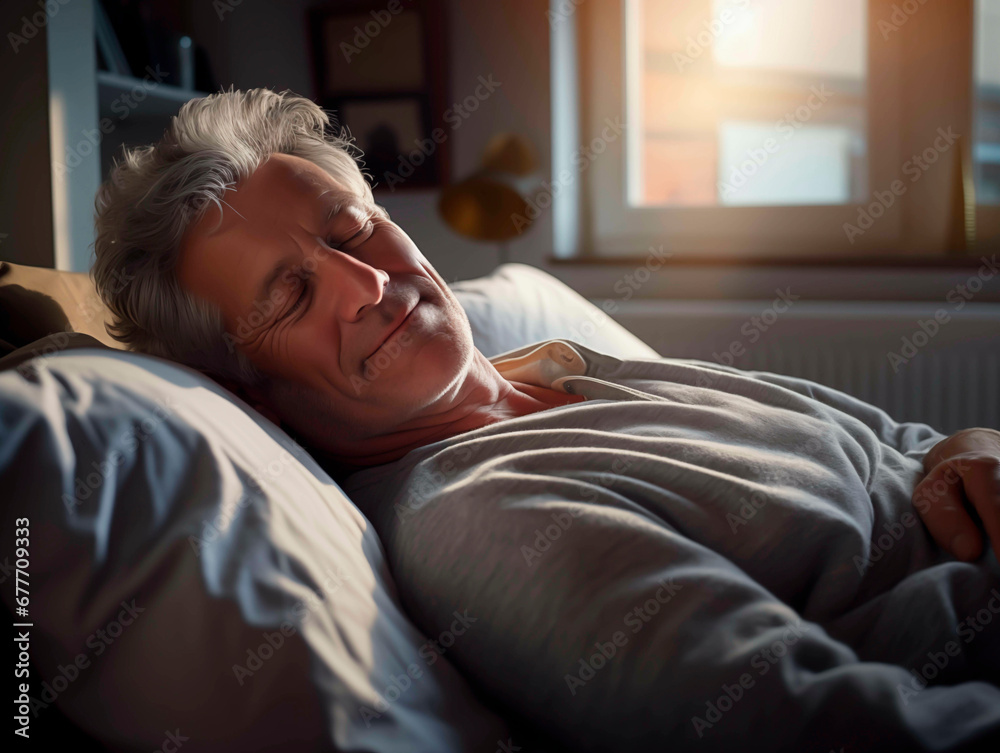 Senior man smiling in bed, basking in golden hour light
